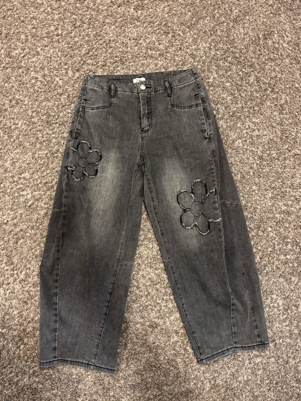 Easel Black Distressed Barrel Jeans with Flower Appliqués